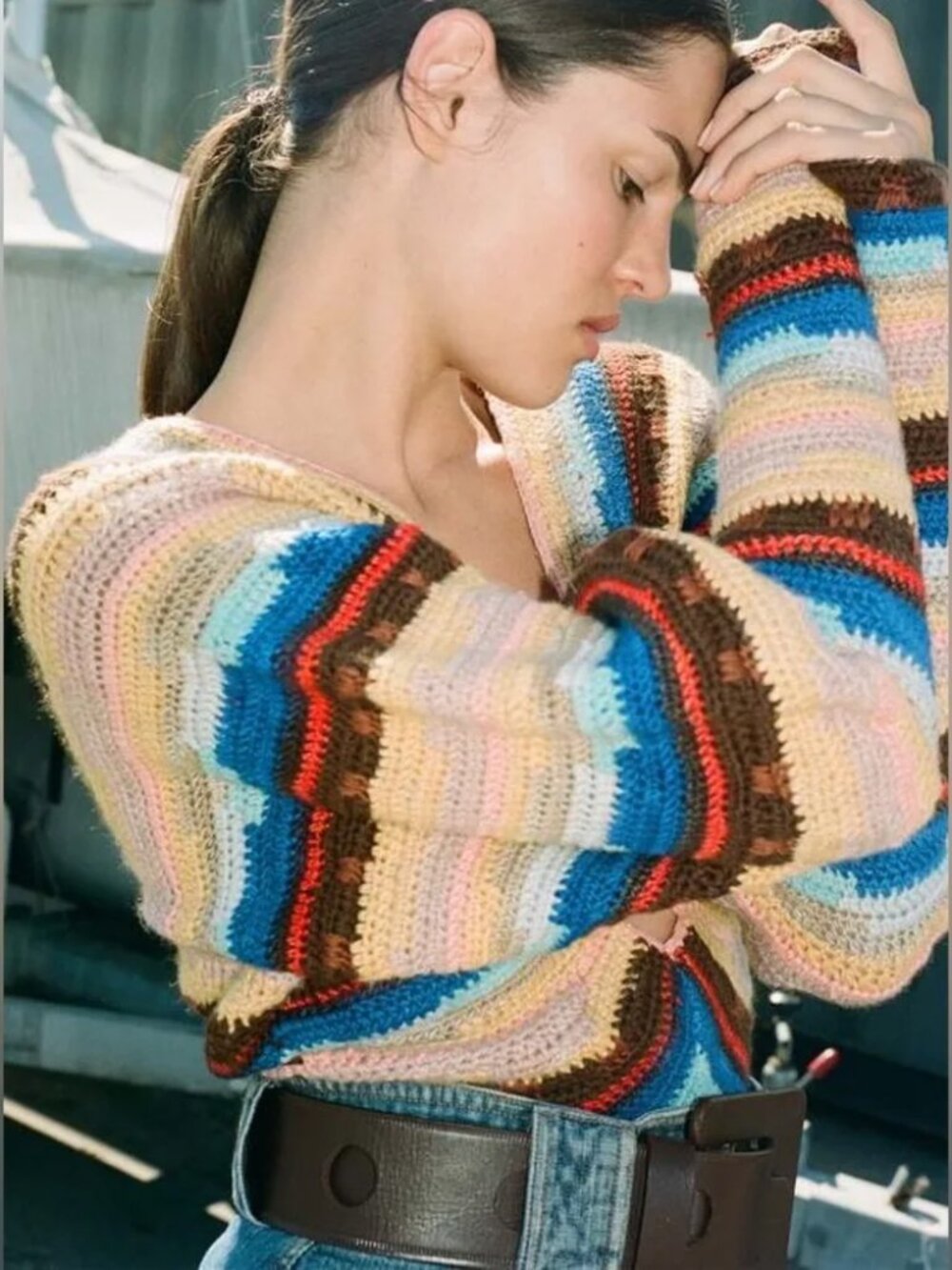 Sea New York Multicolor Stripe Crochet V-Neck Sweater with Cutout - Picture 9 of 12